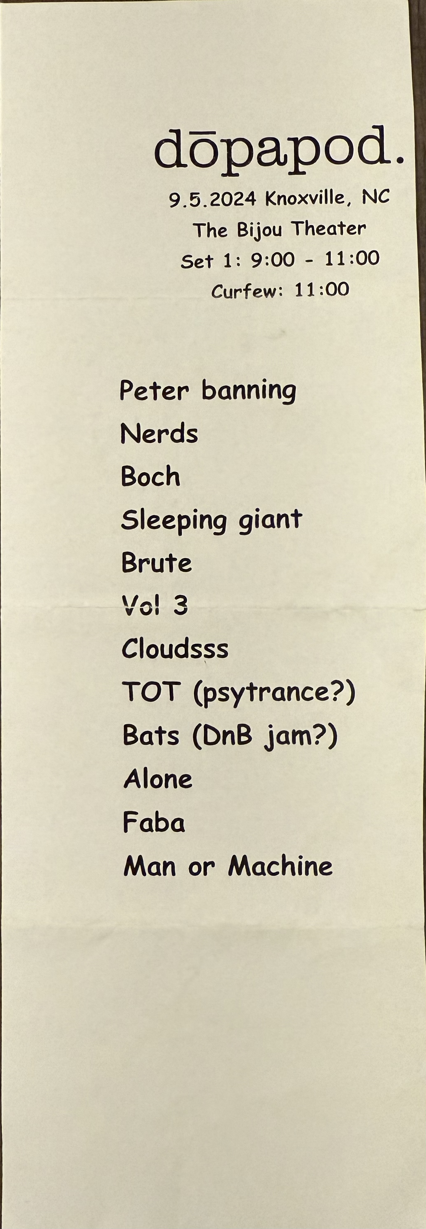 Proposed Setlist